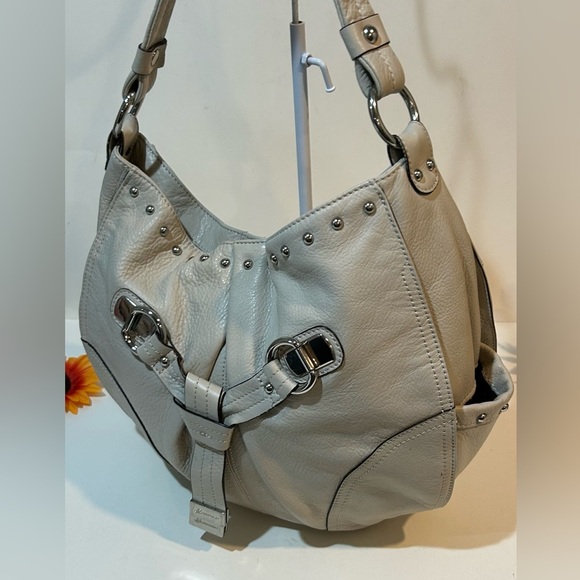 B Makowsky Gray Genuine Leather Studded Hobo Shoulder Bag Tote Purse - Picture 5 of 12
